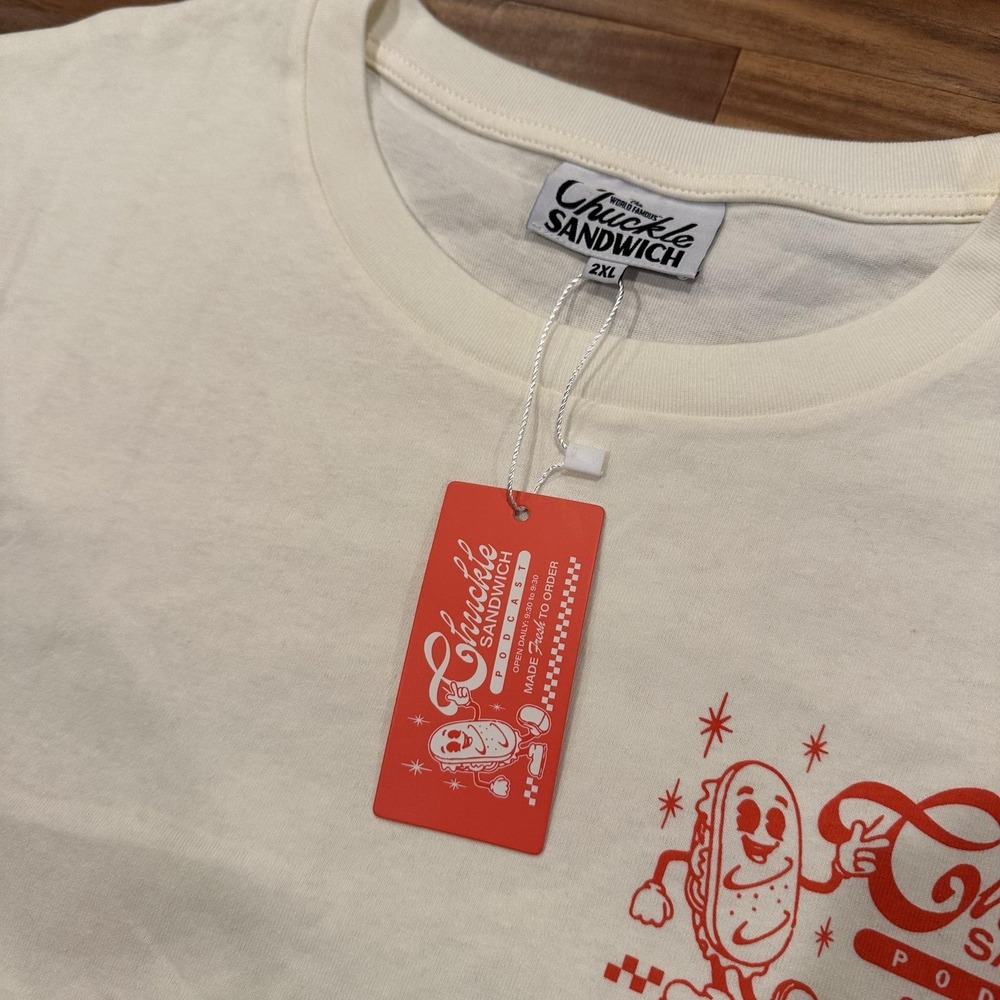 Chuckle Sandwich Shirt Mens 2XL White Menu Graphic Tee Podcast Food Burger - Picture 5 of 10